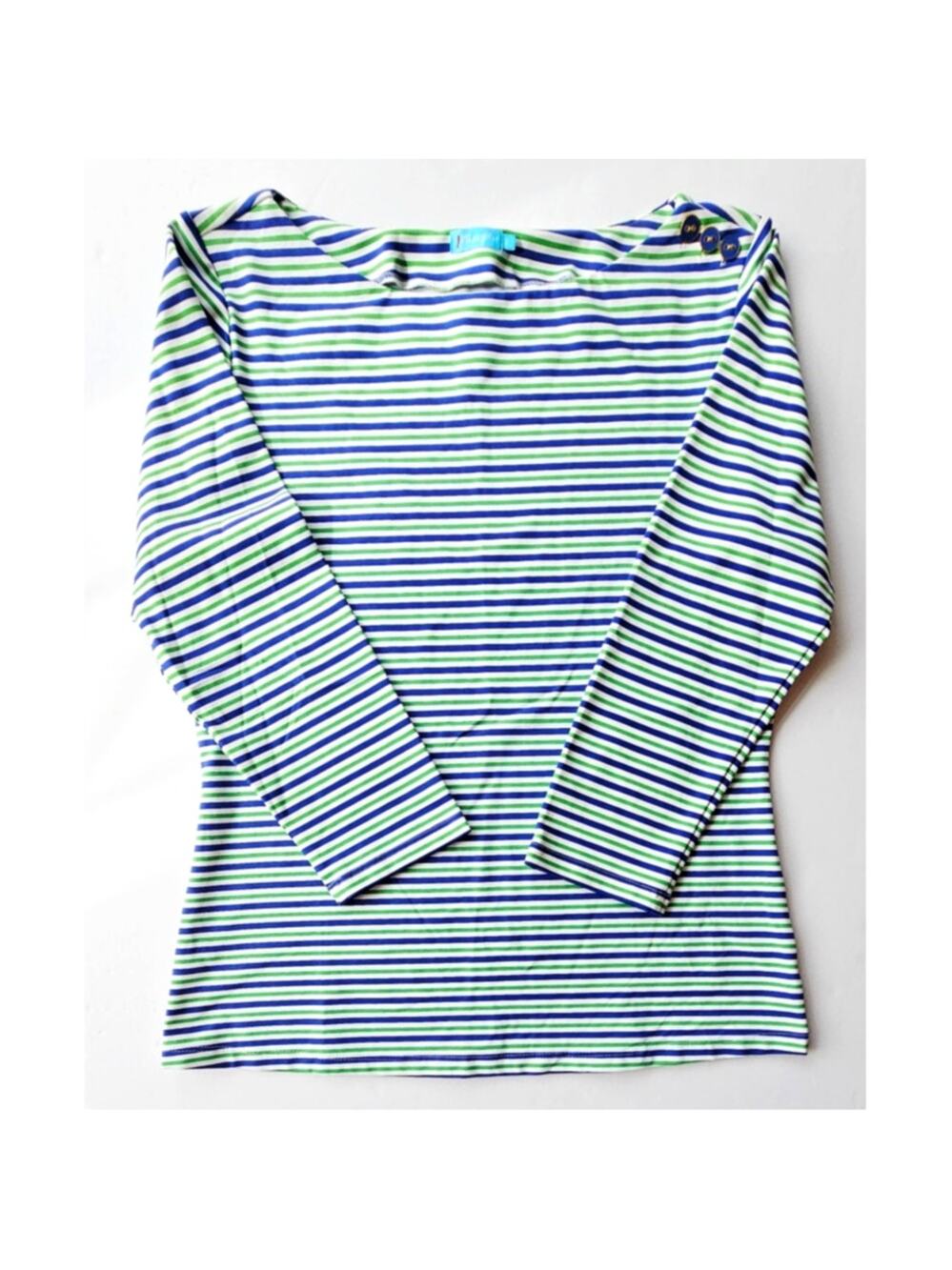 J.McLaughlin Top Wavesong Striped Print 3/4 Sleeve Button Shoulder Sz S New